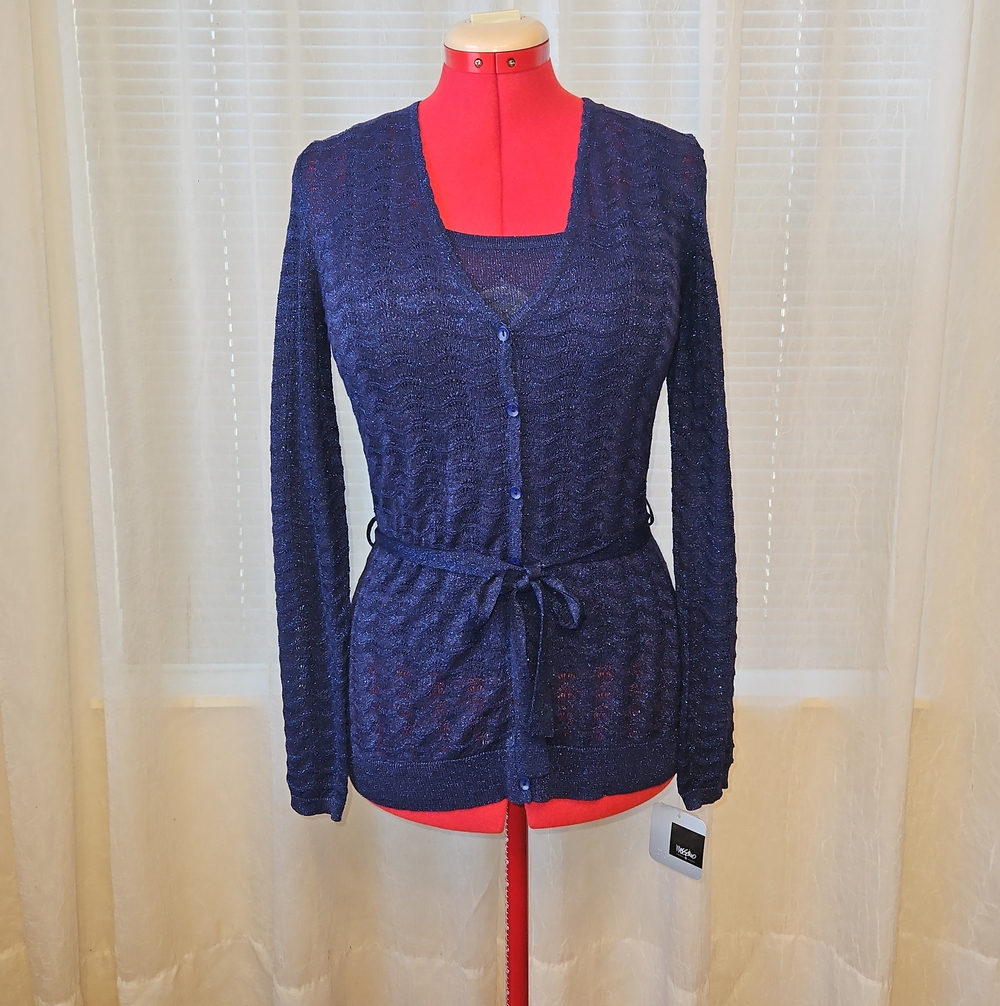 Massimo Night Fall Blue Metallic Tank & Button-Front Cardigan with Waist Tie